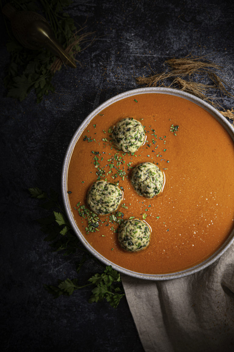 Roasted Tomato Soup with Herby Matza Balls